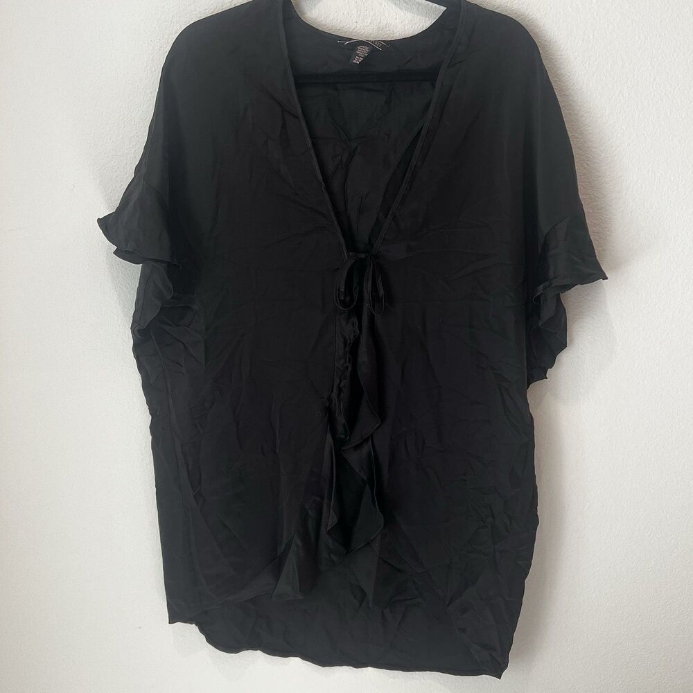 Victoria's Secret Mini Robe One Size Black Satin Short Front Ties Loungewear